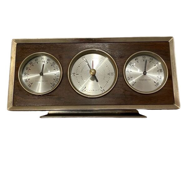 MCM Airguide Instrument Co. Wood Grain Three Dial Desktop Weather Station - Picture 1 of 10